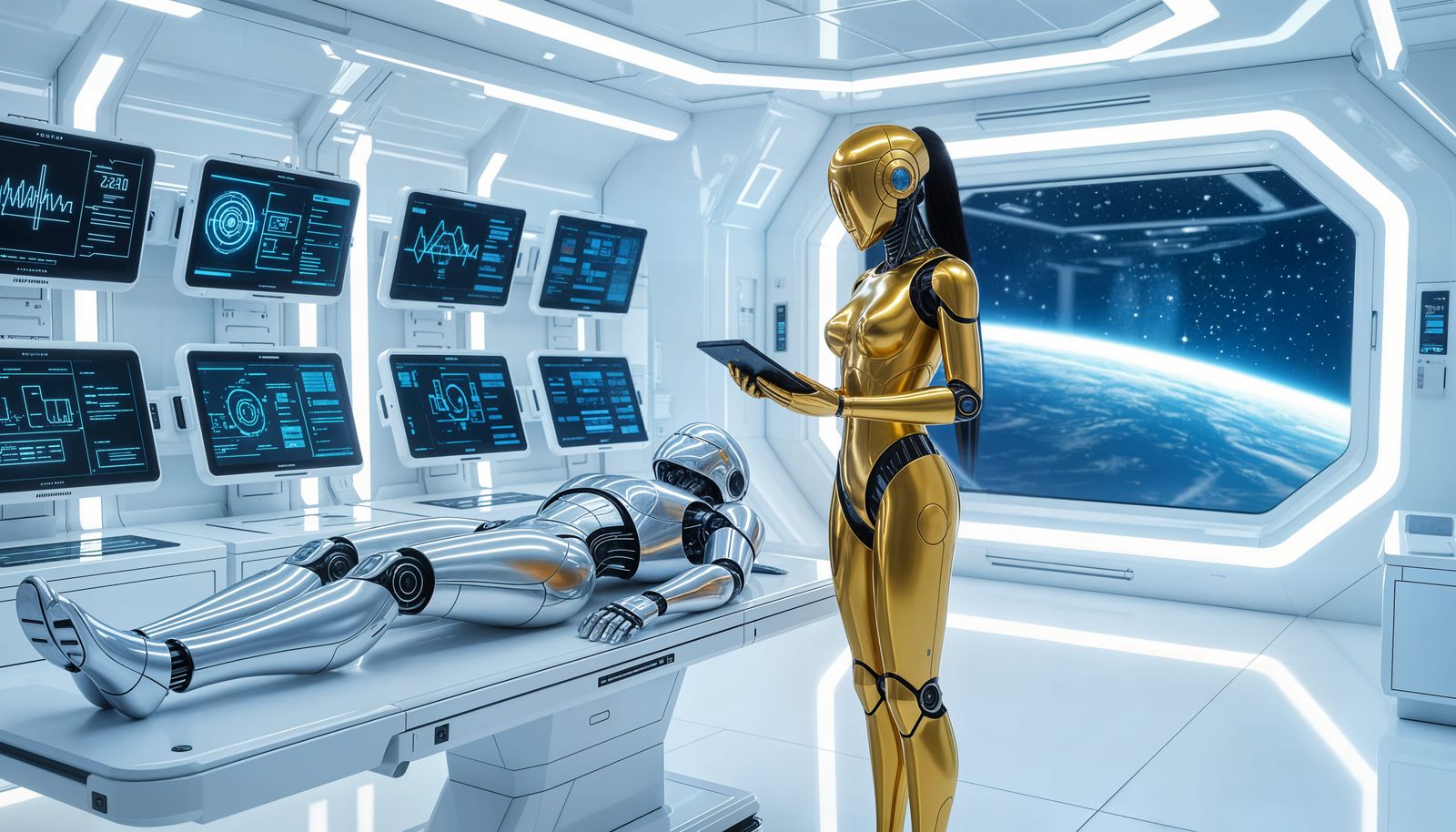 Golden Cyborg Performs Maintenance in Futuristic Lab