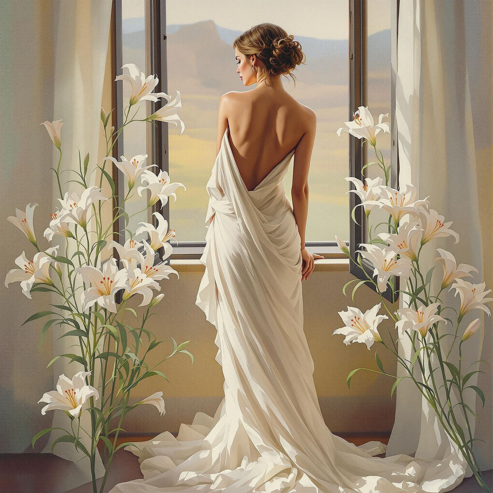 Woman in White Gown with Lilies, Expressive Realism