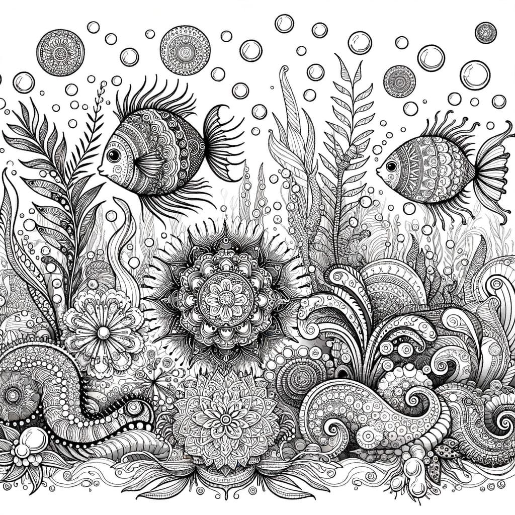 Whimsical Underwater Realm in Black and White Line Drawing
