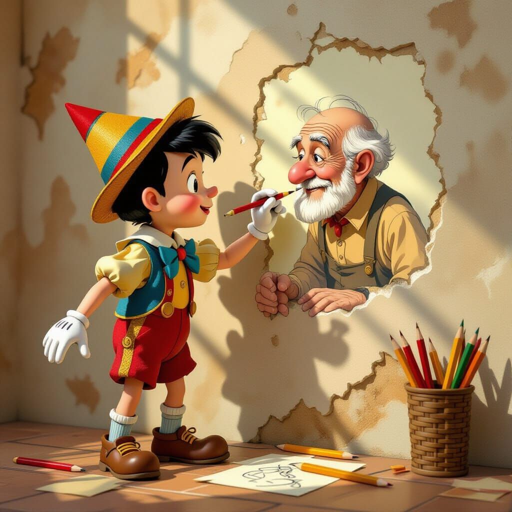 Pinocchio Drawing Geppetto with Pencil Limbs