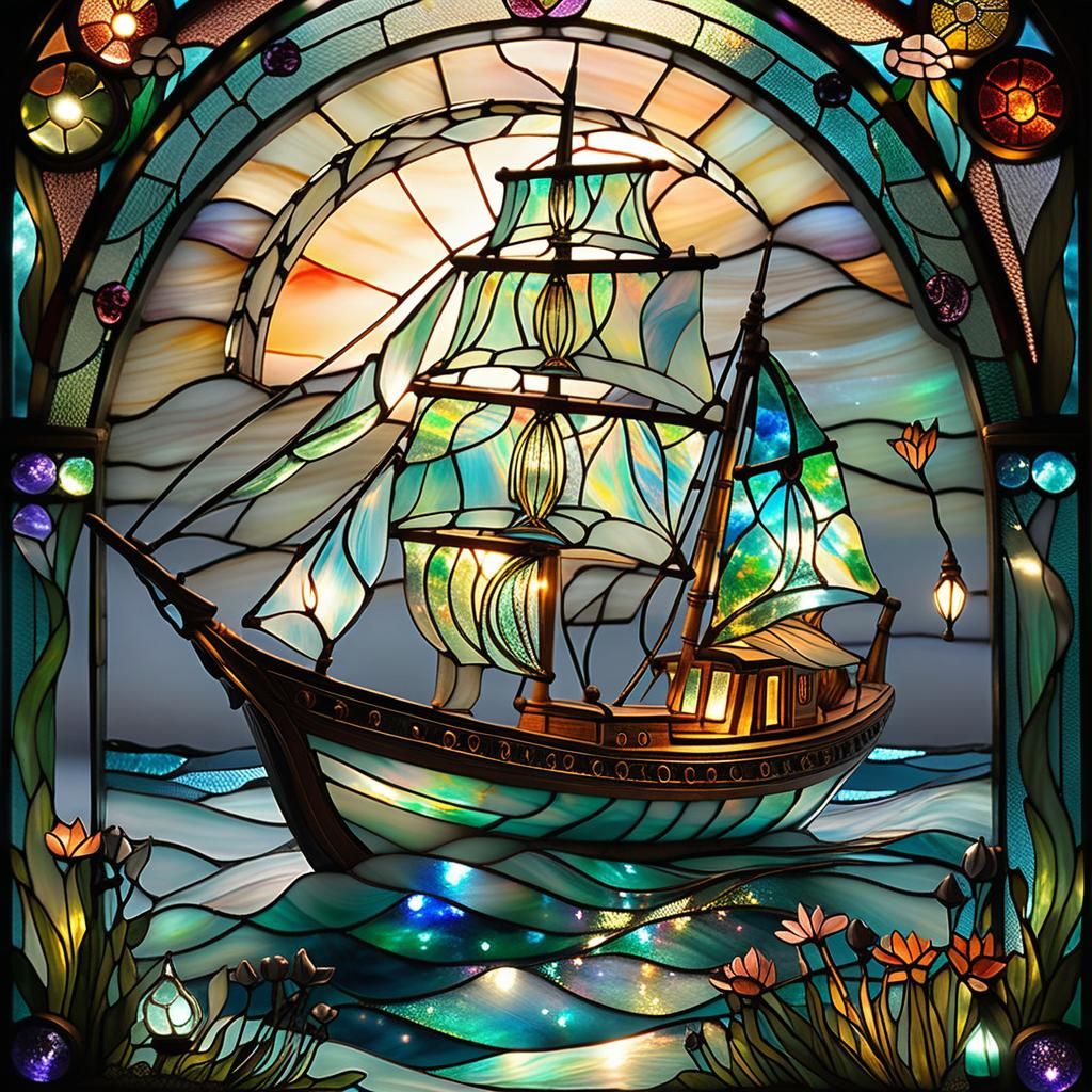 Glowing Stained Glass Ship on Astral Sea