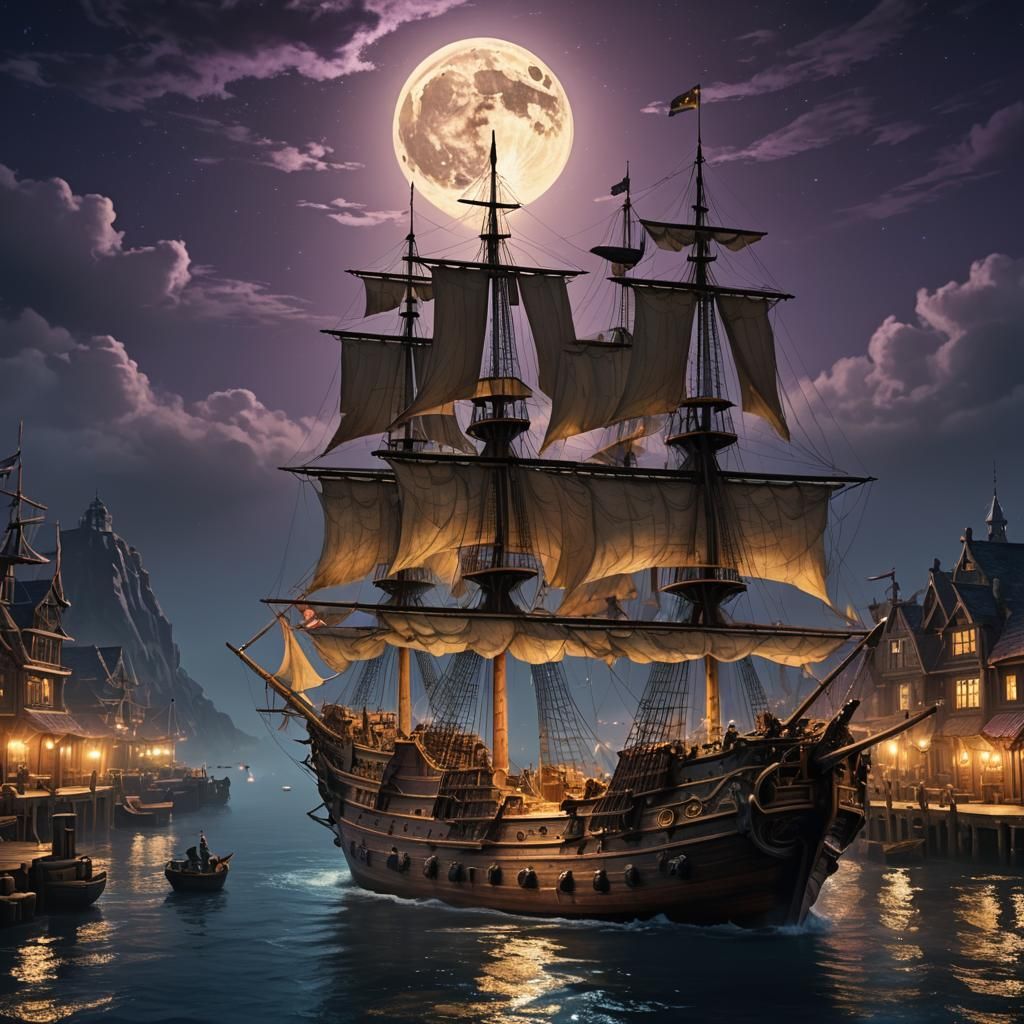 Galleon Ship at Harbour Under Full Moon