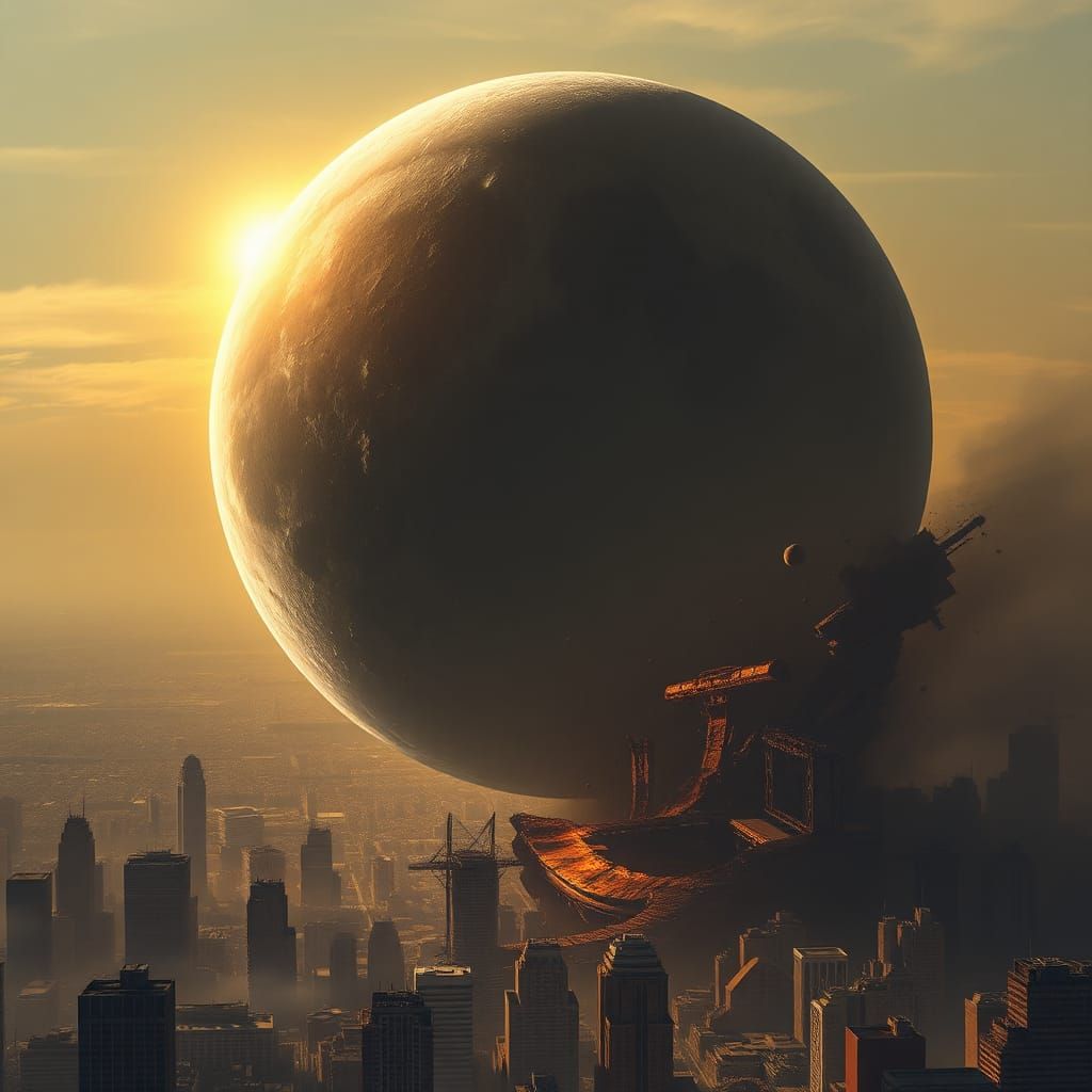 Apocalyptic Moon Collision Over Metropolis: Industrial Surre...
