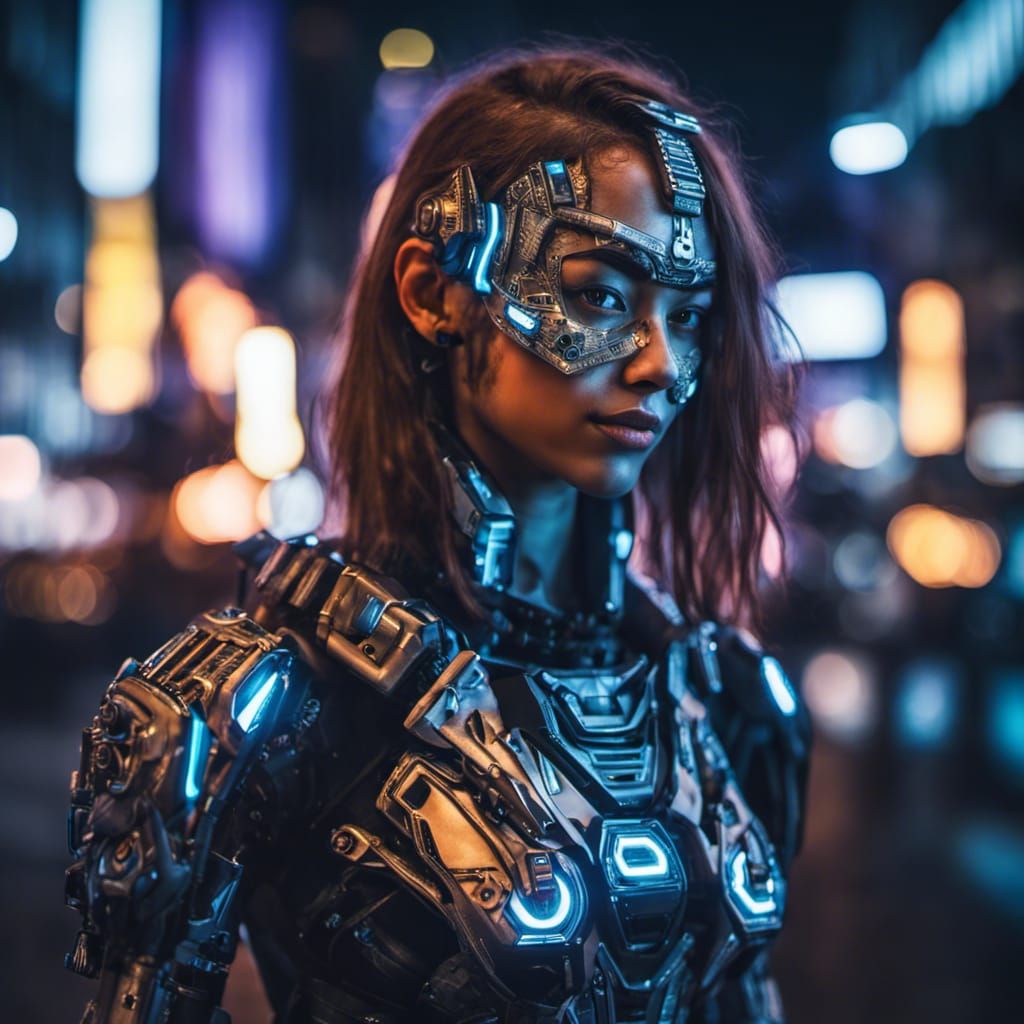 Cyborg Girl Portrait in Neon City at Night