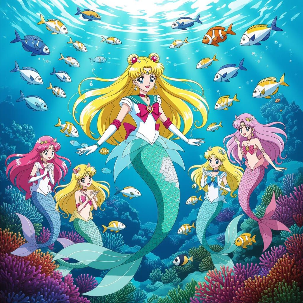 Sailor Venus as Mermaid Meets Mermaids in Coral Reef