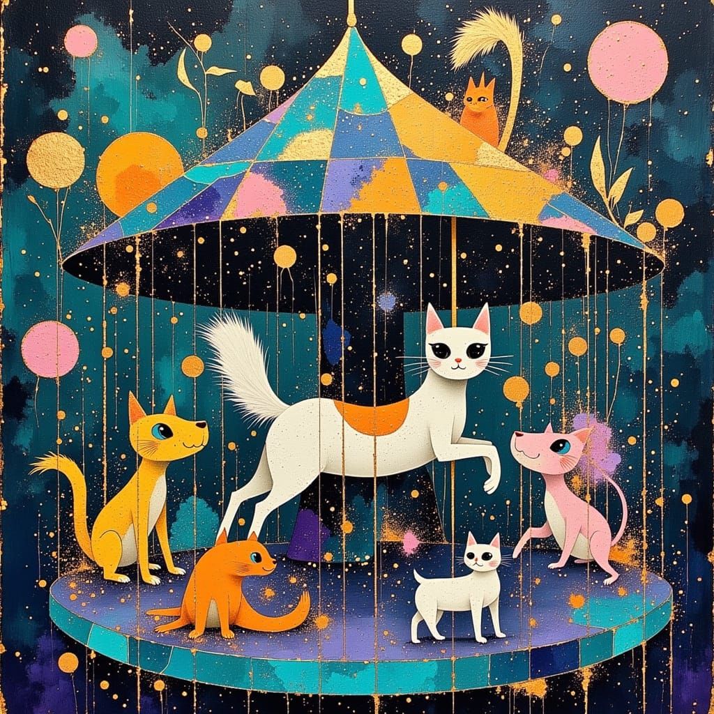 Cats Riding Bizarre Creatures on a Whimsical Carousel