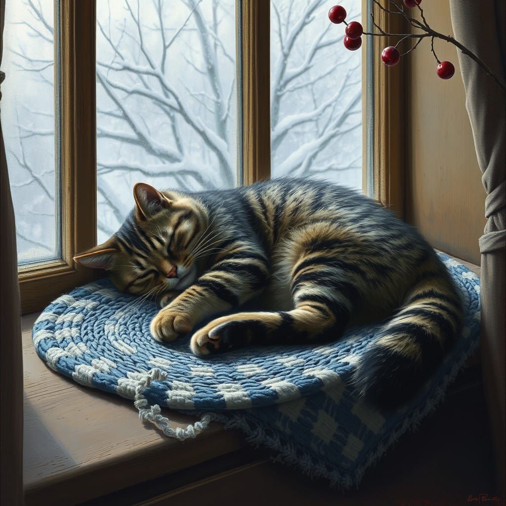 Giant Striped Cat in Cozy Winter Scene with Snow and Berries