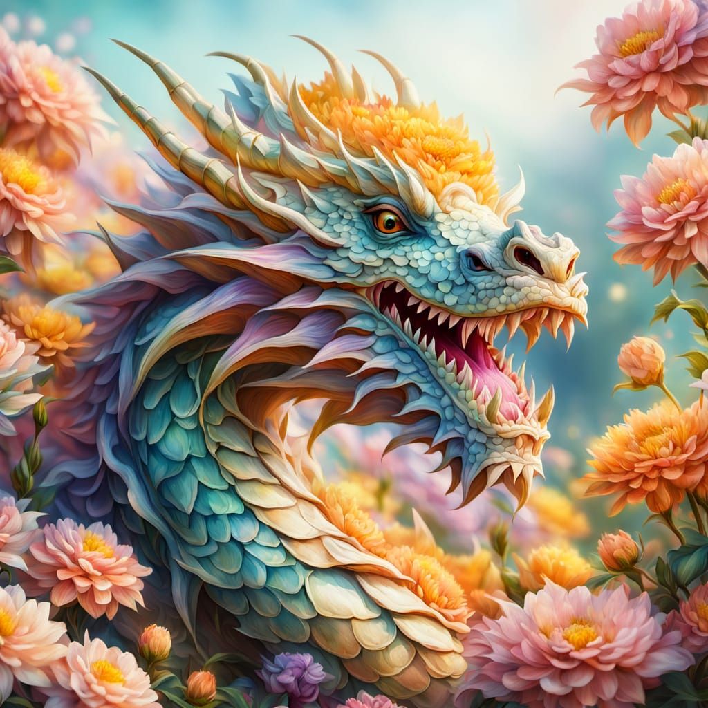 Floral Dragon in Impressionist Garden Style