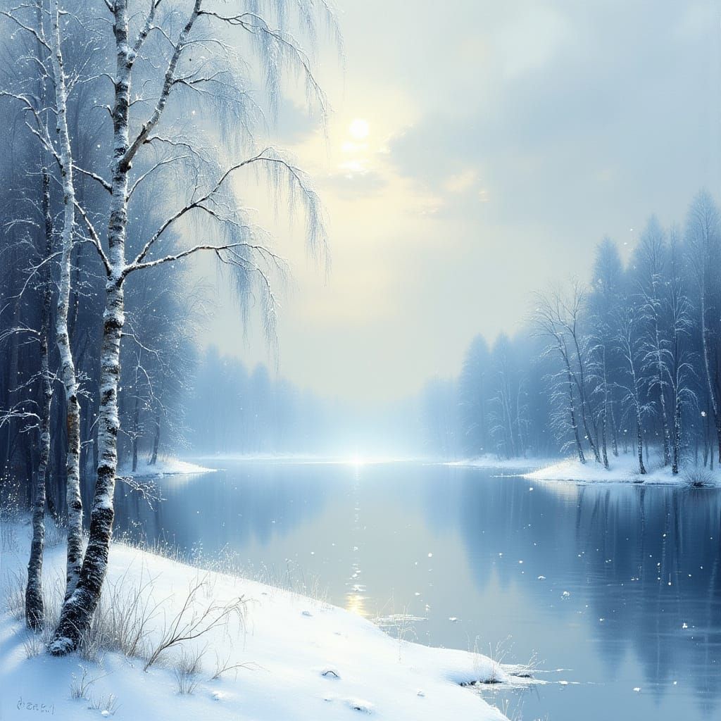 Winter Landscape Painting of Frozen Lake