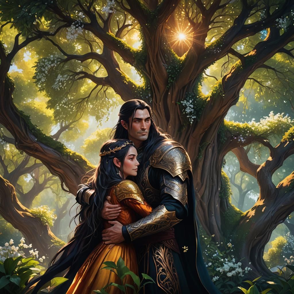 Feanor hugging his daughter who has long red hair and blue e...