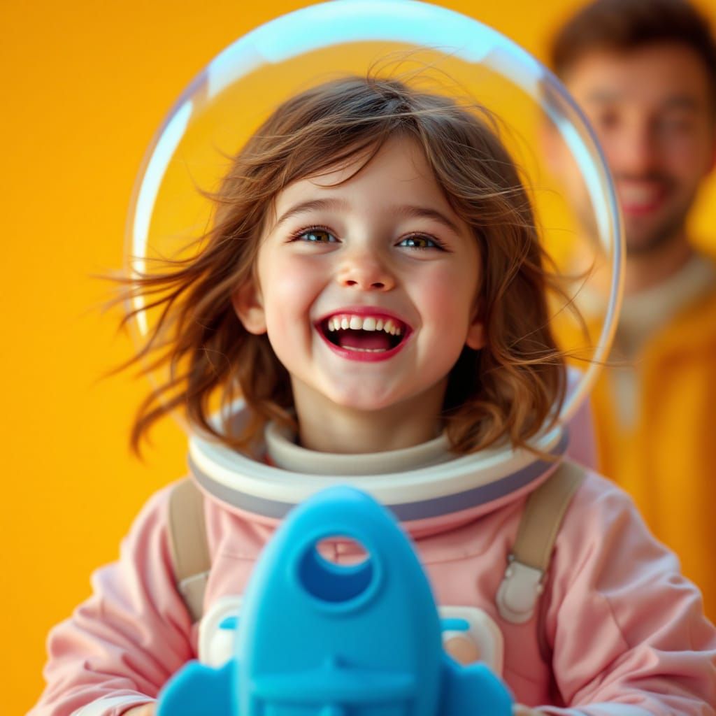 Joyful Young Astronaut Girl in Pink Suit