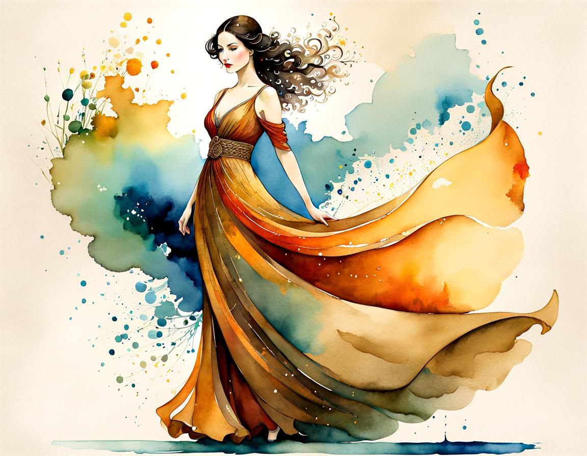 Whimsical Watercolor Art: Dynamic Feminine Figure