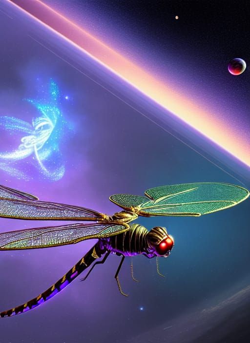 Holographic Galaxy Dragonfly in Space Illustration