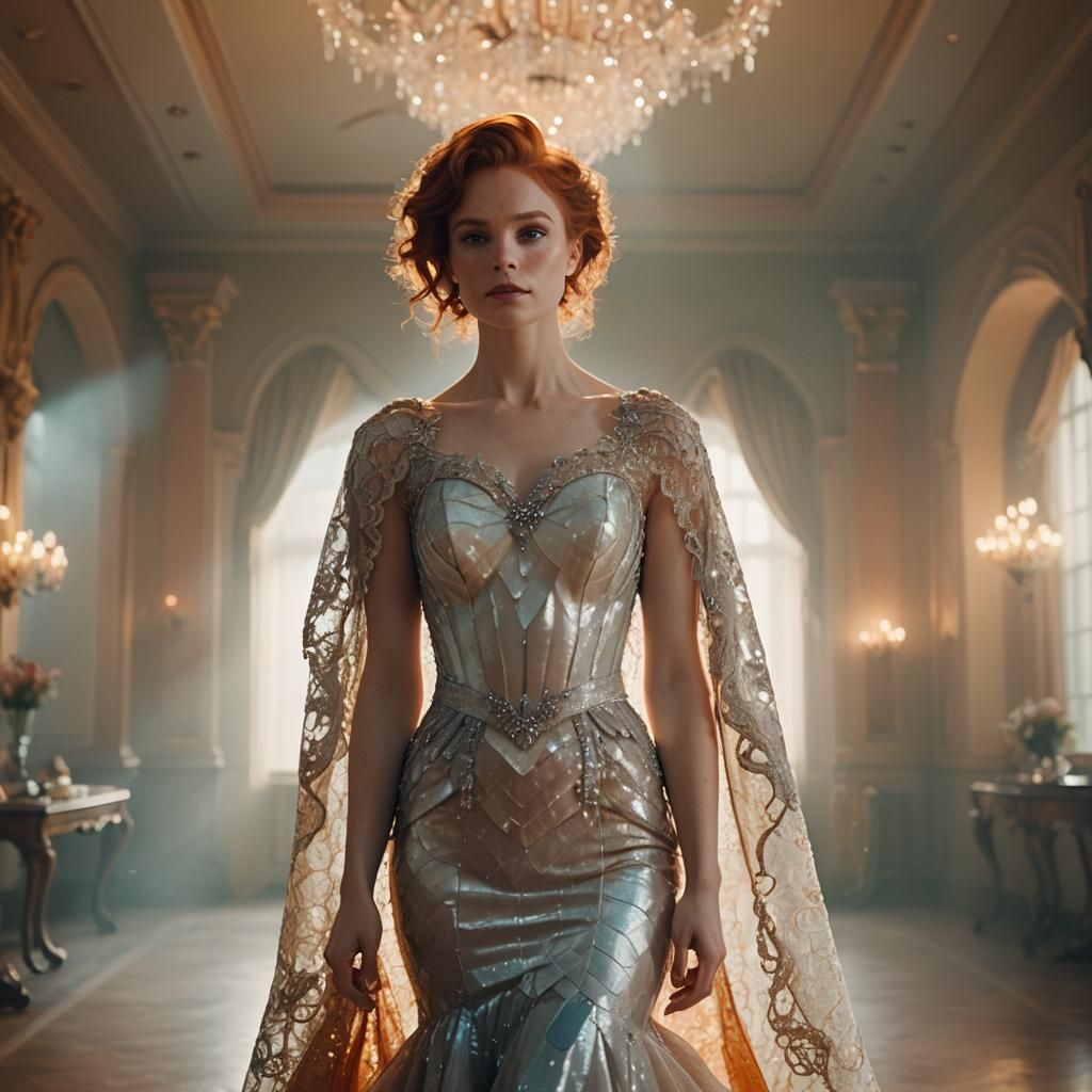 Auburn-Haired Woman in Ballroom with Crystal Mermaid Skirt