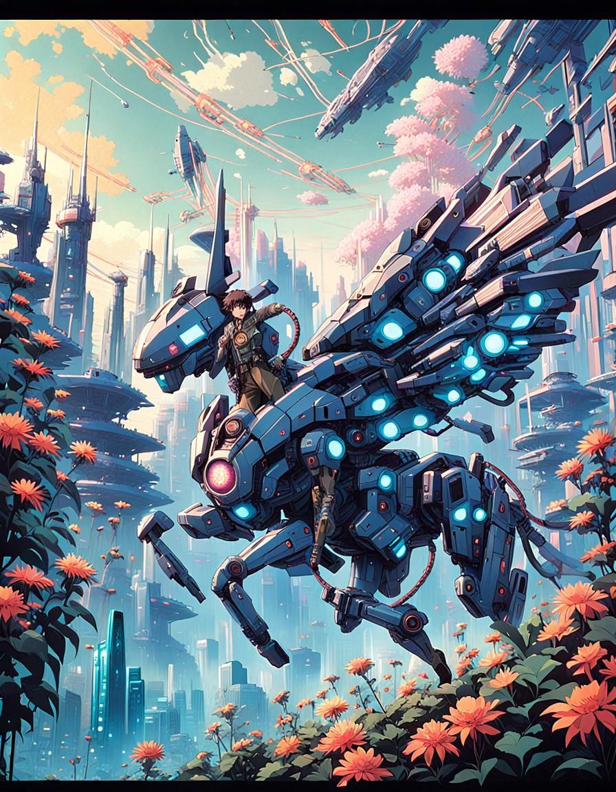 Retro-Futuristic Anime Cyborg and Mech Poster