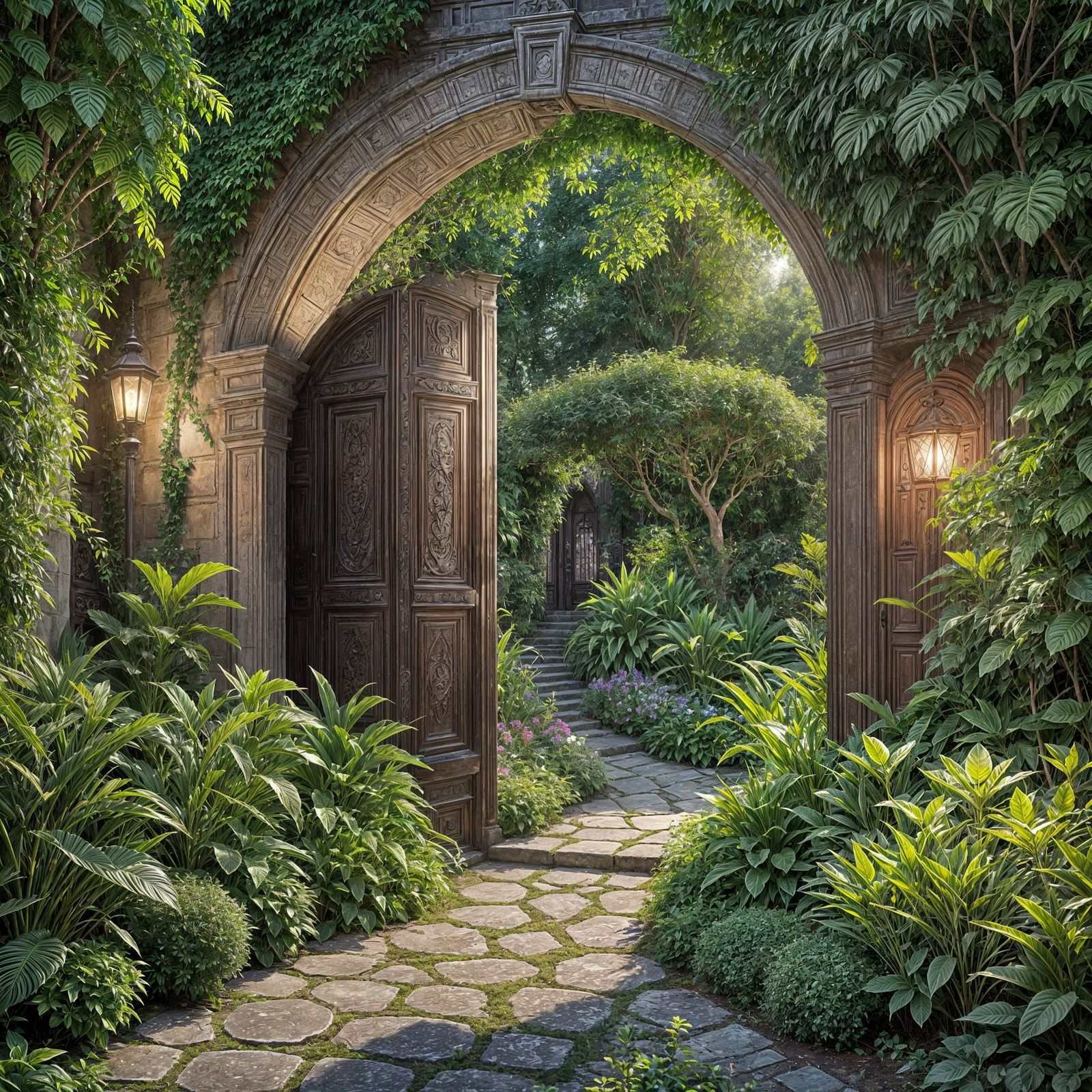 Hidden Garden Behind Huge Doors, Cinematic Lighting
