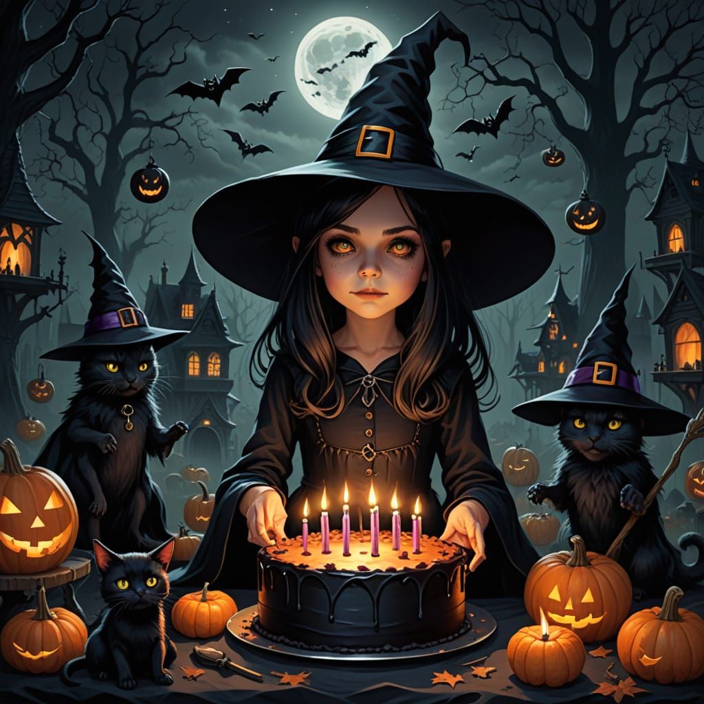 Cute Witch Birthday Party in Dark Fantasy Style
