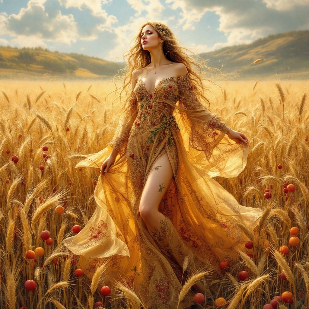 Goddess of Harvest in a Dreamy, Earthy Landscape
