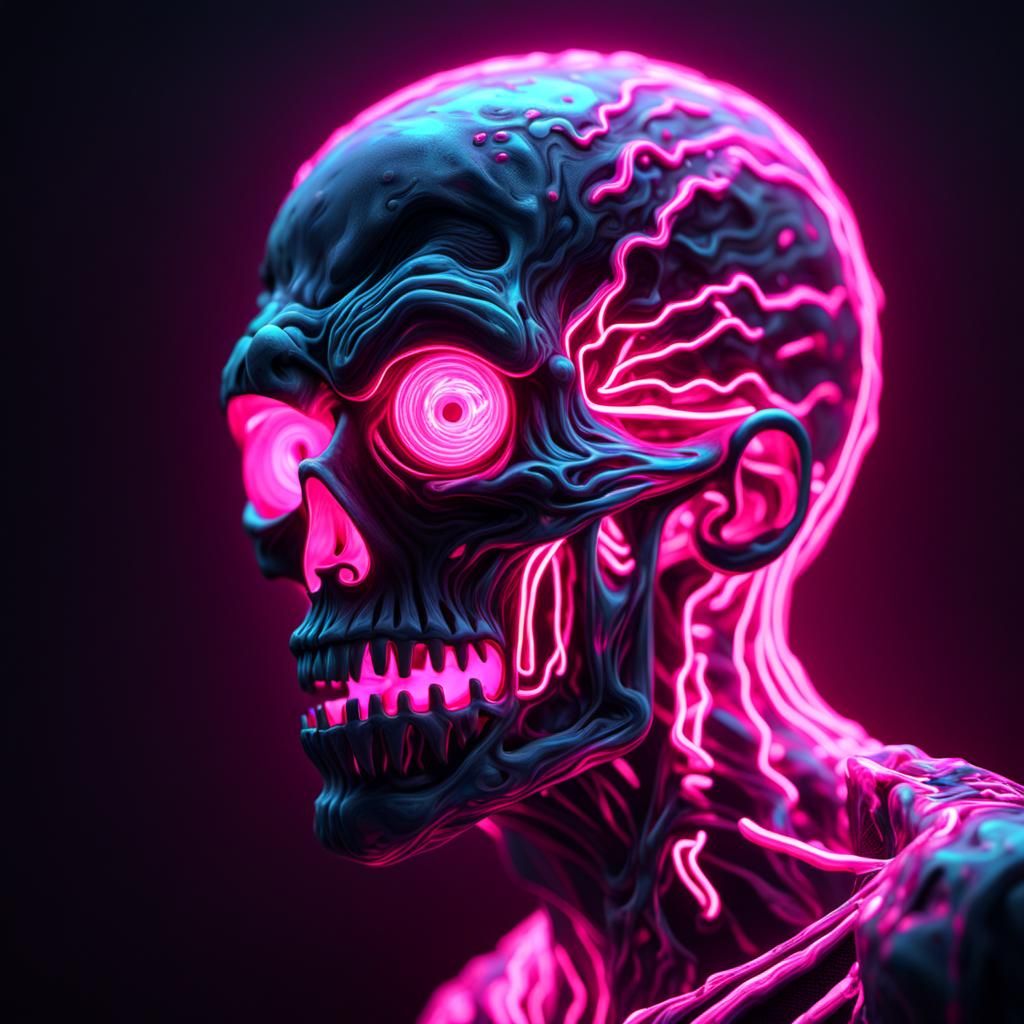Pink Zombie Head with Neon Holographic Fire