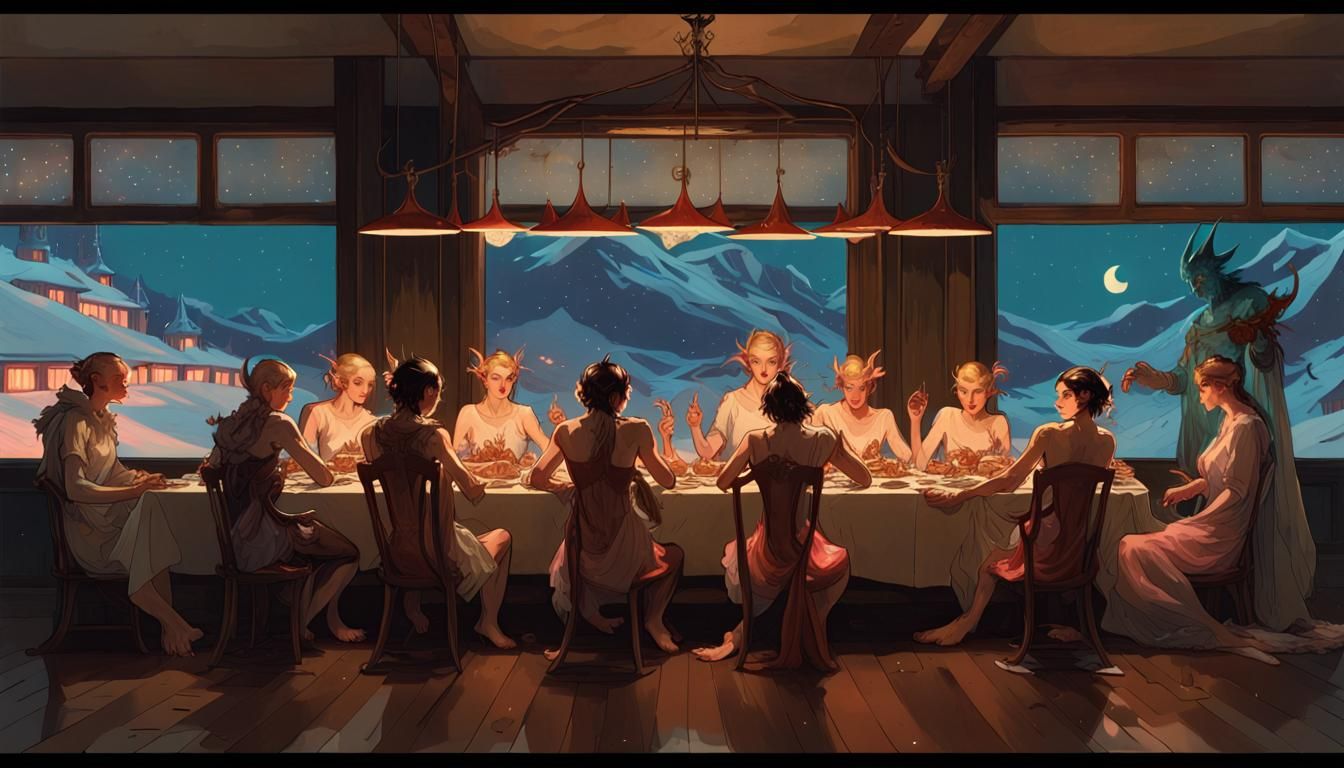 Glowing Goblins Feast on Snowy Night, Art Nouveau Style