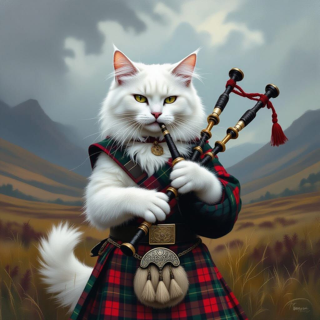 White Cat Plays Bagpipes in Scottish Highland Landscape