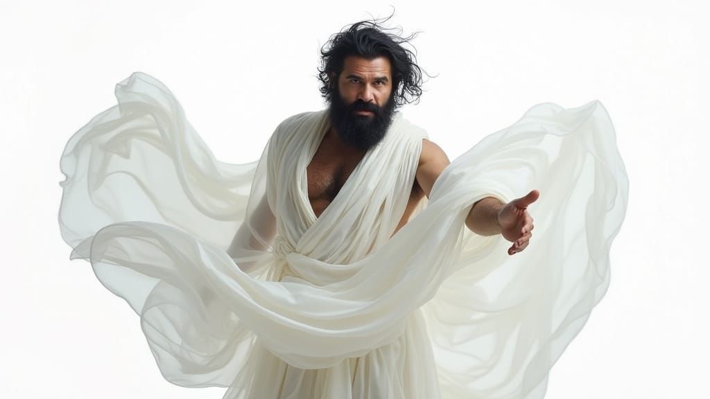 Man in Whirlwind of White Fabrics, Beckoning the Viewer