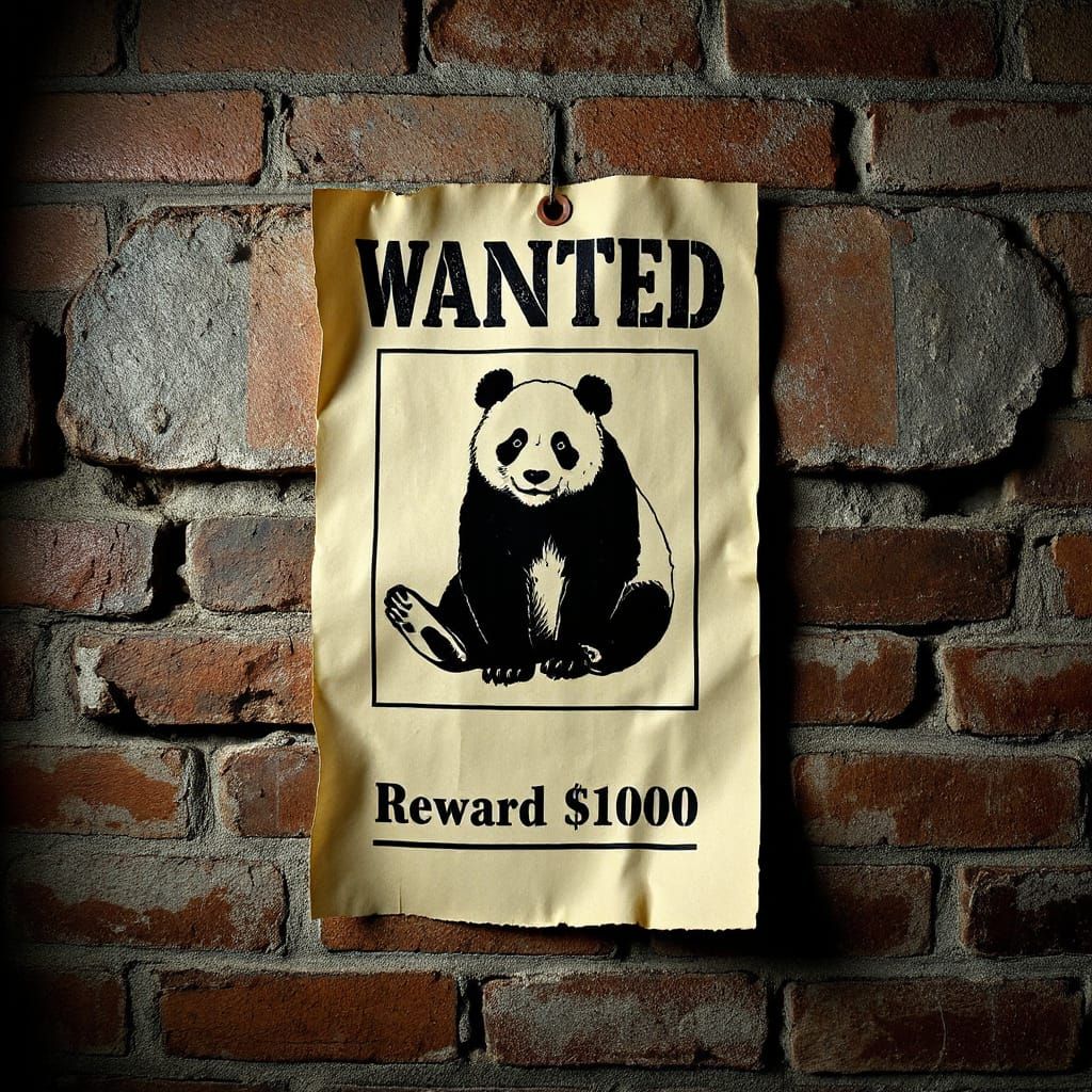 Wanted Poster Panda on Brick Wall in Film Noir Style