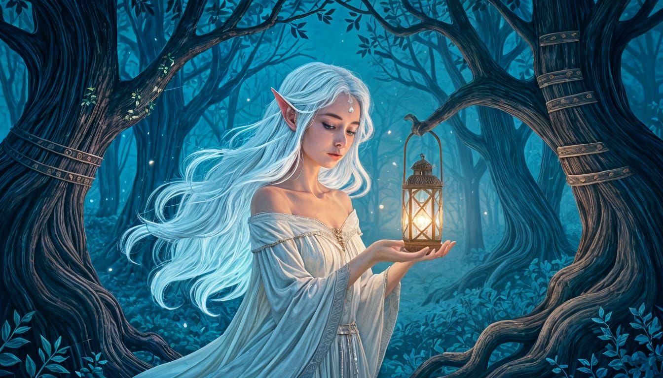 Ethereal Elf with Lantern in Twilight Forest