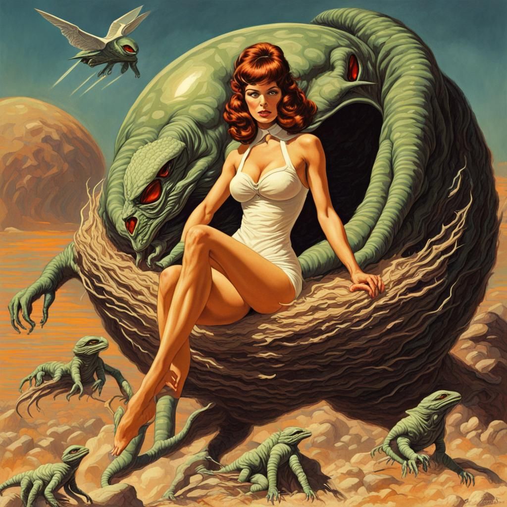 Retro Futurism Pinup Girl Battles Alien Reptilian