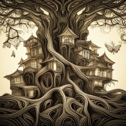 Surreal Landscape of an Enchanted Tree Palace in Photorealis...