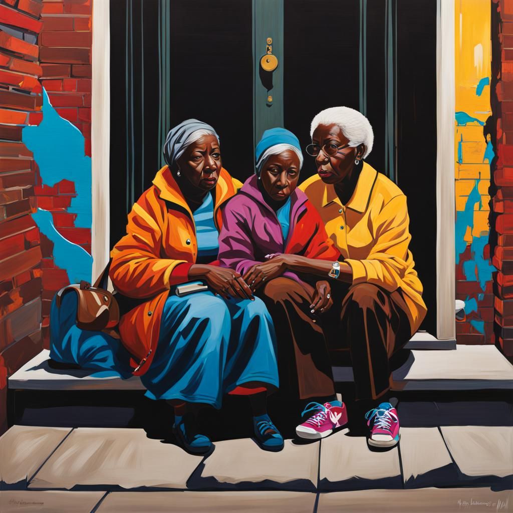 Grandmother and Adolescent on Stoop in Graffiti Style