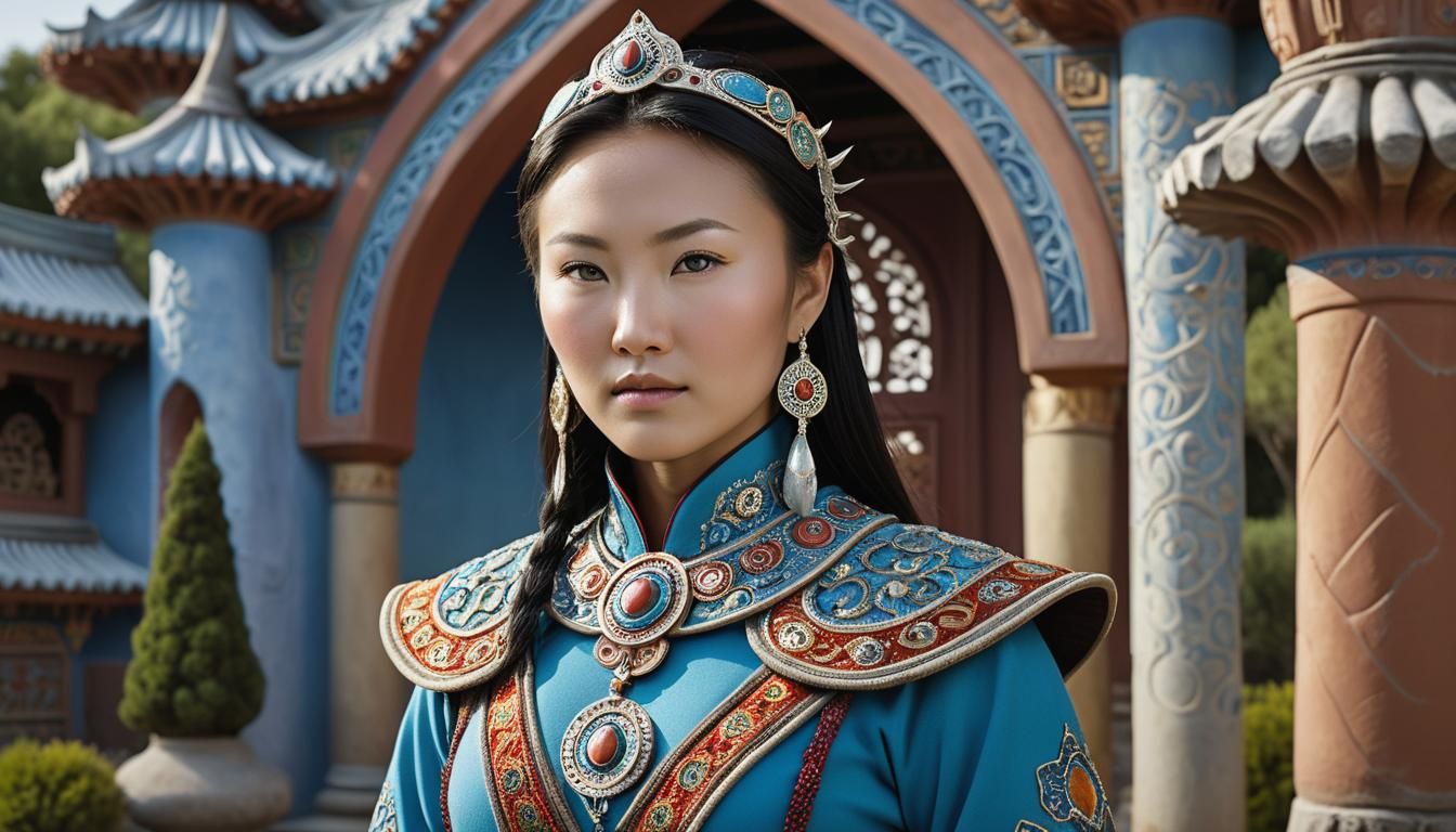 Mongolian-Inuit Woman in Surreal Temple Garden