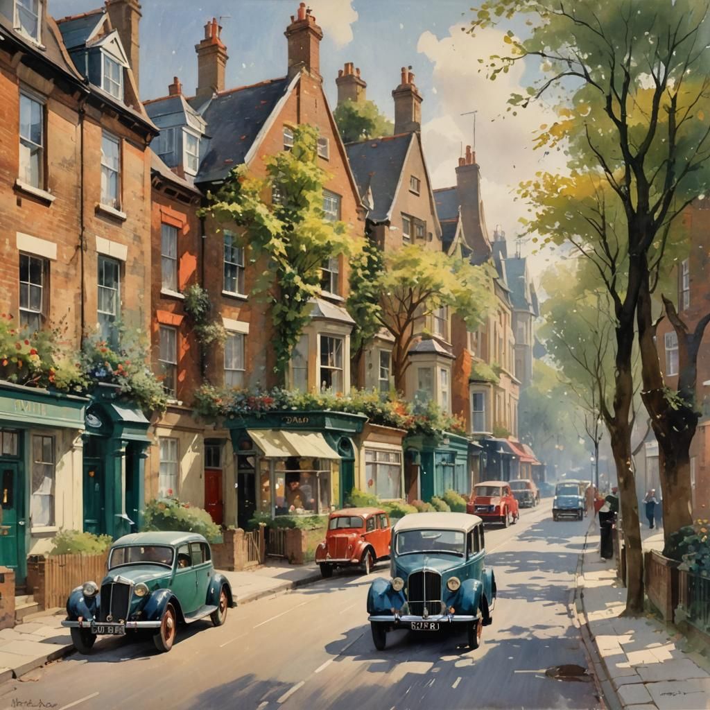 Charming London Suburb in Neo-Impressionist Watercolor