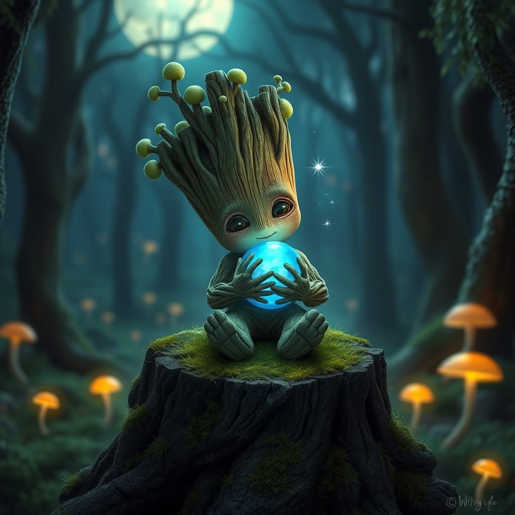 Baby Groot with Luminous Orb in Enchanted Forest