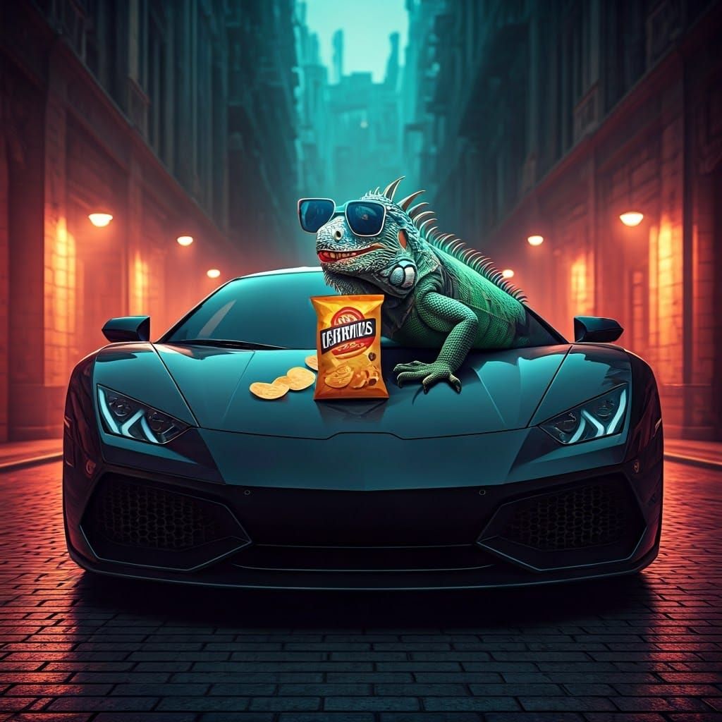 Iguana Eats Chips on Sports Car in Neon Alley