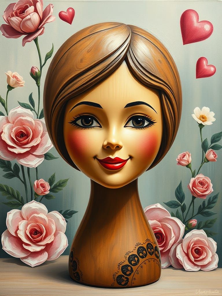 Wooden Matryoshka Sculpture with Realistic Face, Oil Paintin...