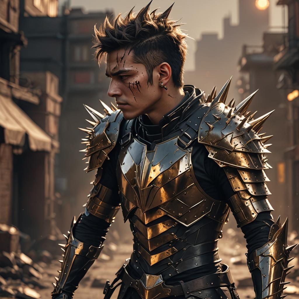 Hyperrealistic Spiked Figure in Dystopian Setting