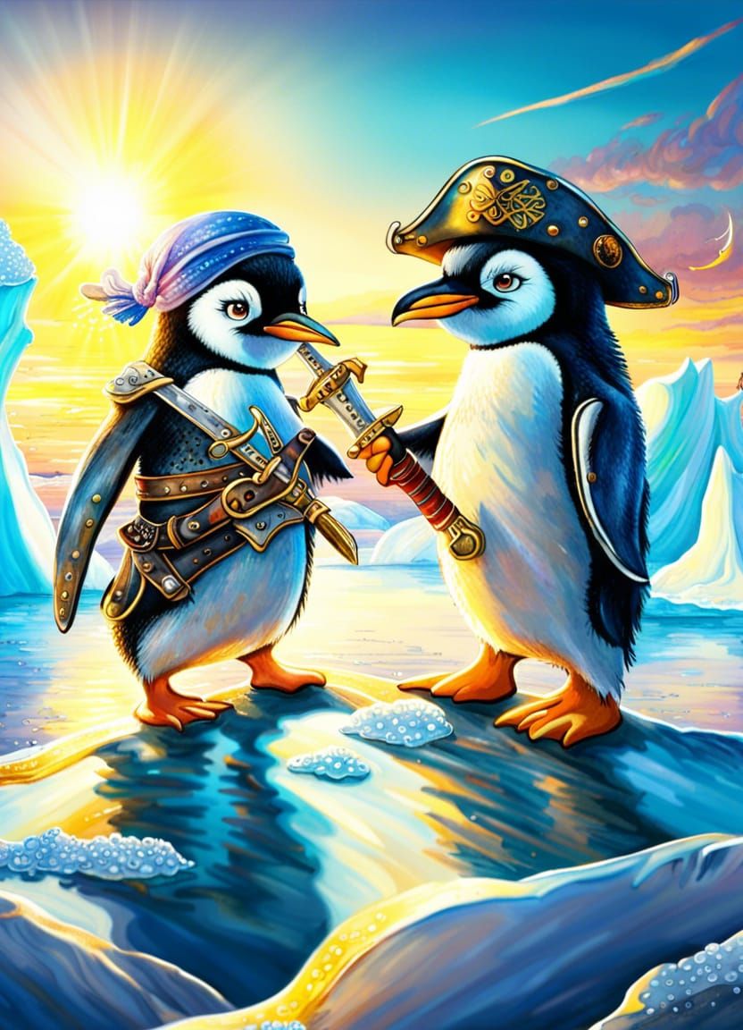 Playful Penguin Pirates Sword Fight on Iceberg