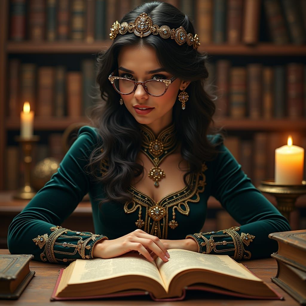 Mystical Queen in Grand Library Setting