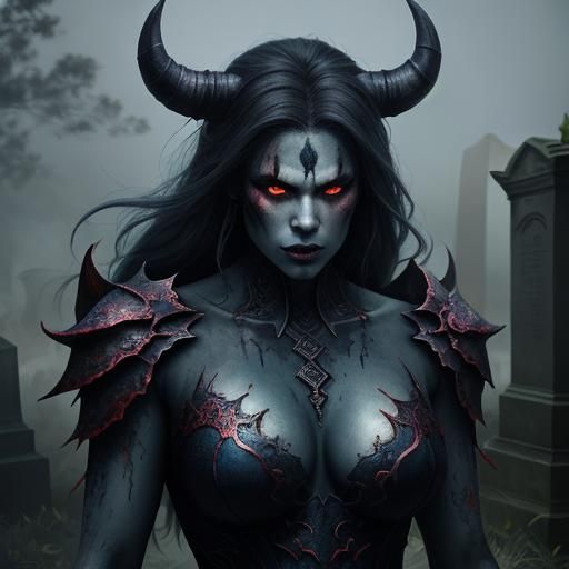 Voluptuous Demon in Mist-Filled Cemetery: Hyperrealistic Art