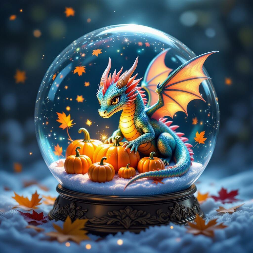 Tiny Dragon Tends Glowing Pumpkins in Shimmering Snow Globe