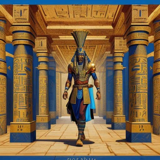 Ancient Egyptian Pharaoh in Ceremonial Robes with Hieroglyph...
