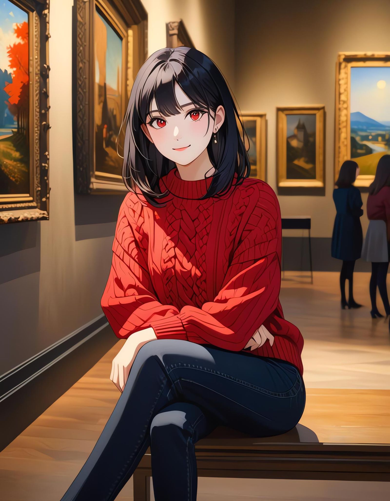 Girl in Red Sweater at Art Gallery