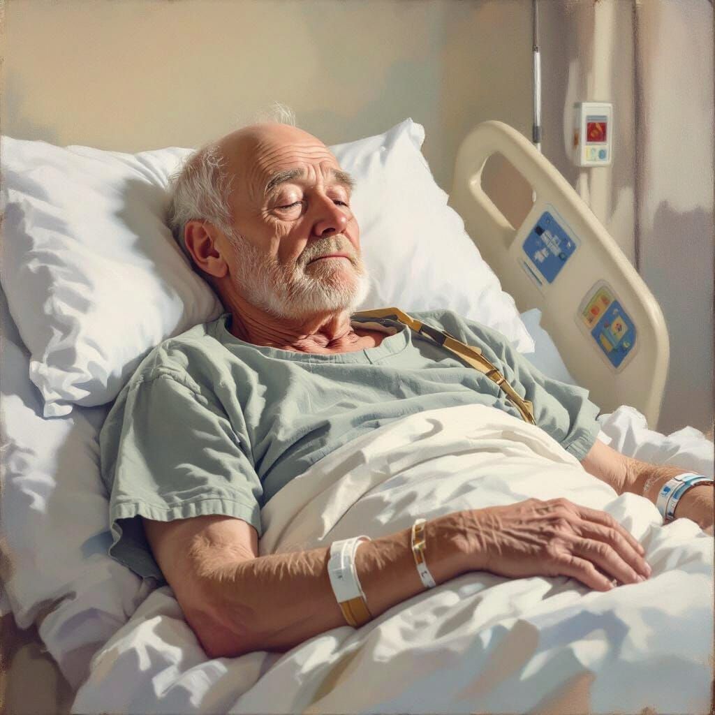 Elderly Man Recovering in Hospital Bed with Arm Sling