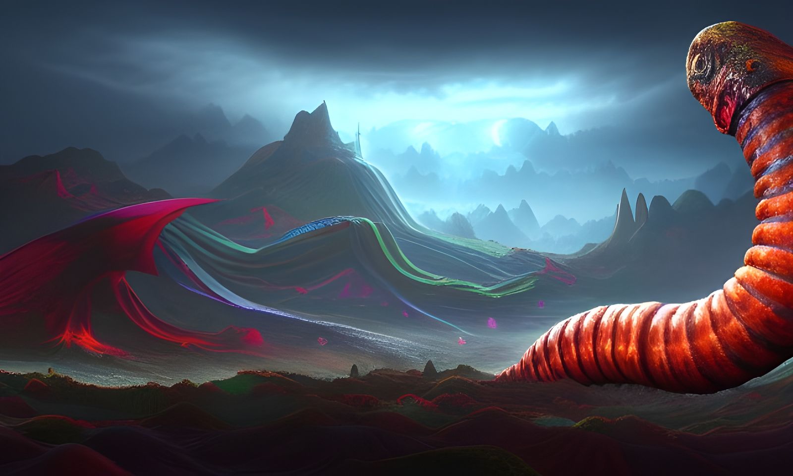 Giant Evil Worm in Colorful Landscape