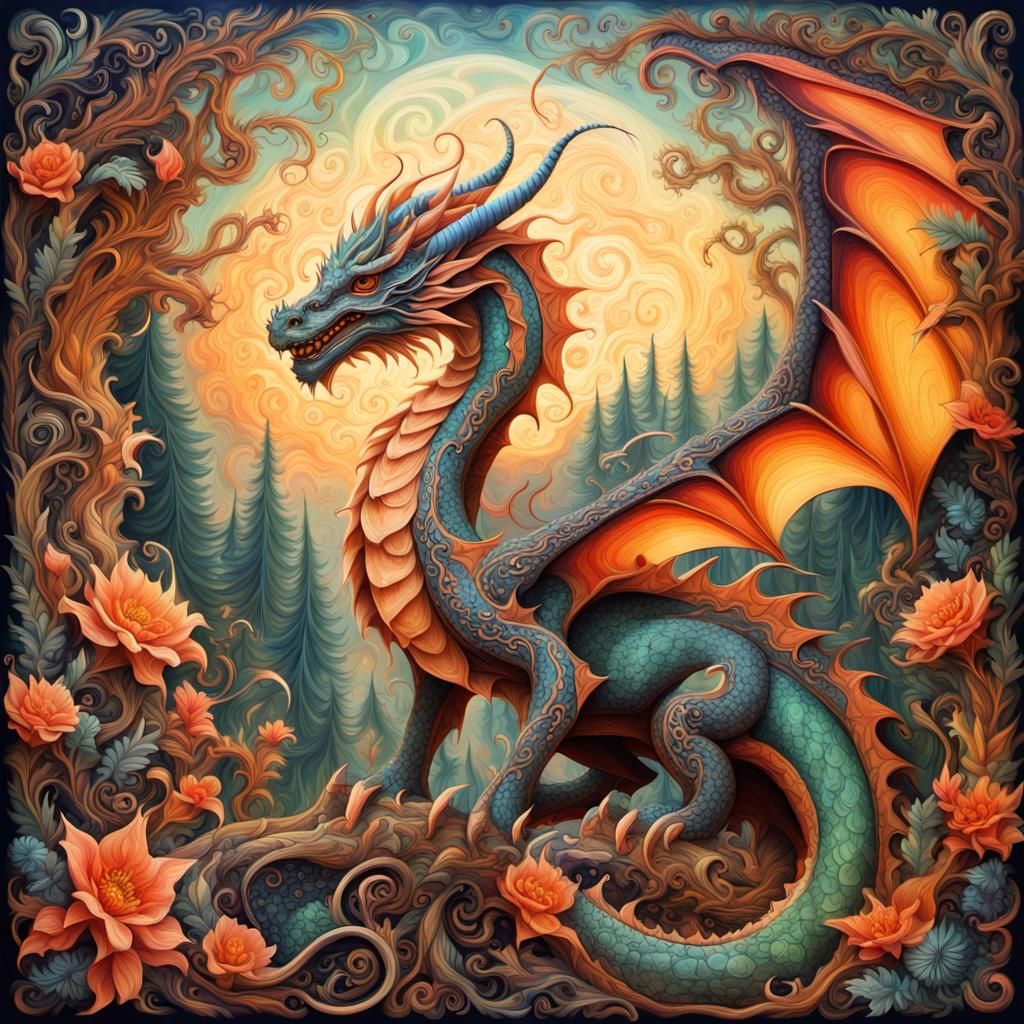 Whimsical Fantasy Dragon in Art Deco Style
