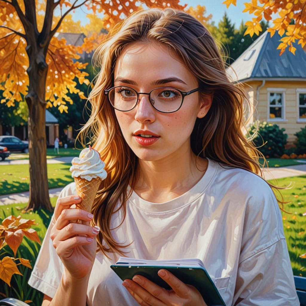 Young Woman Eating Ice Cream in University Backyard - Oil Pa...