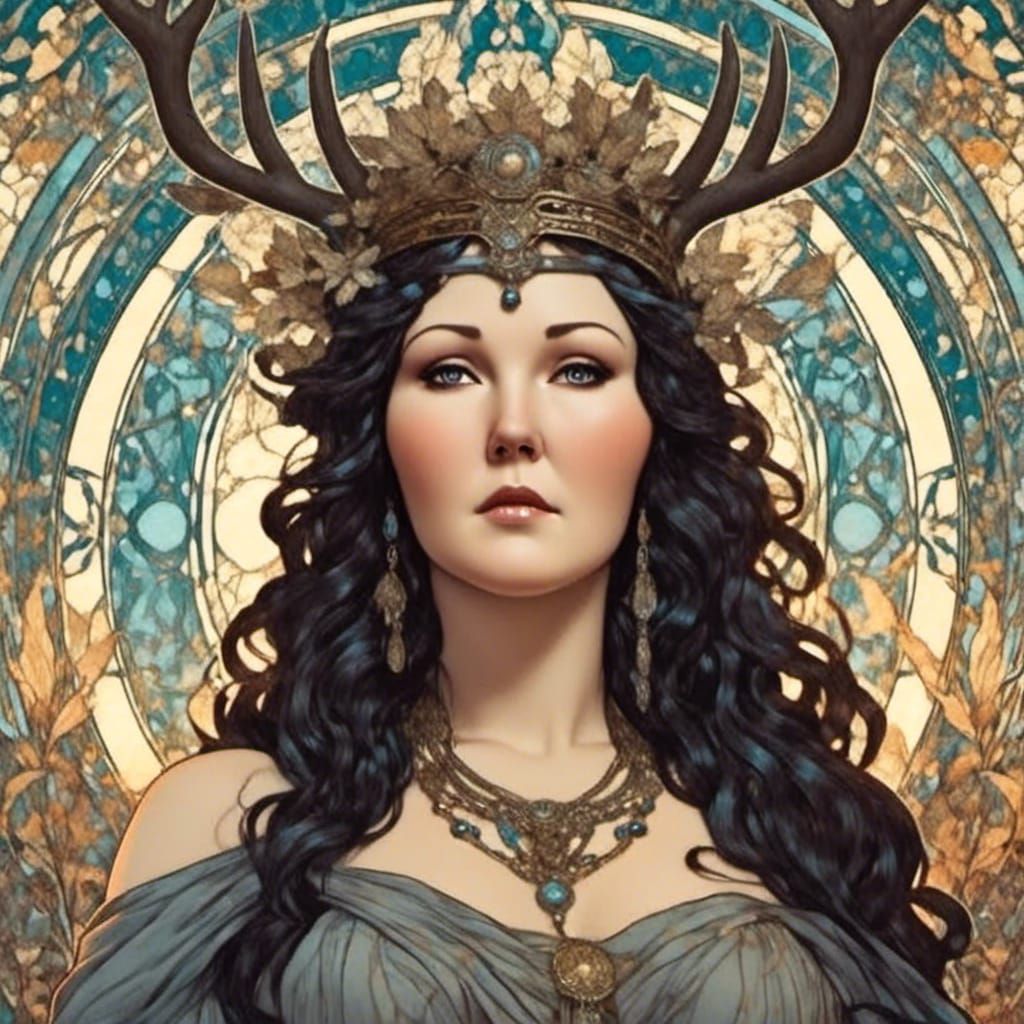 Art Nouveau Queen of Winter with Deer