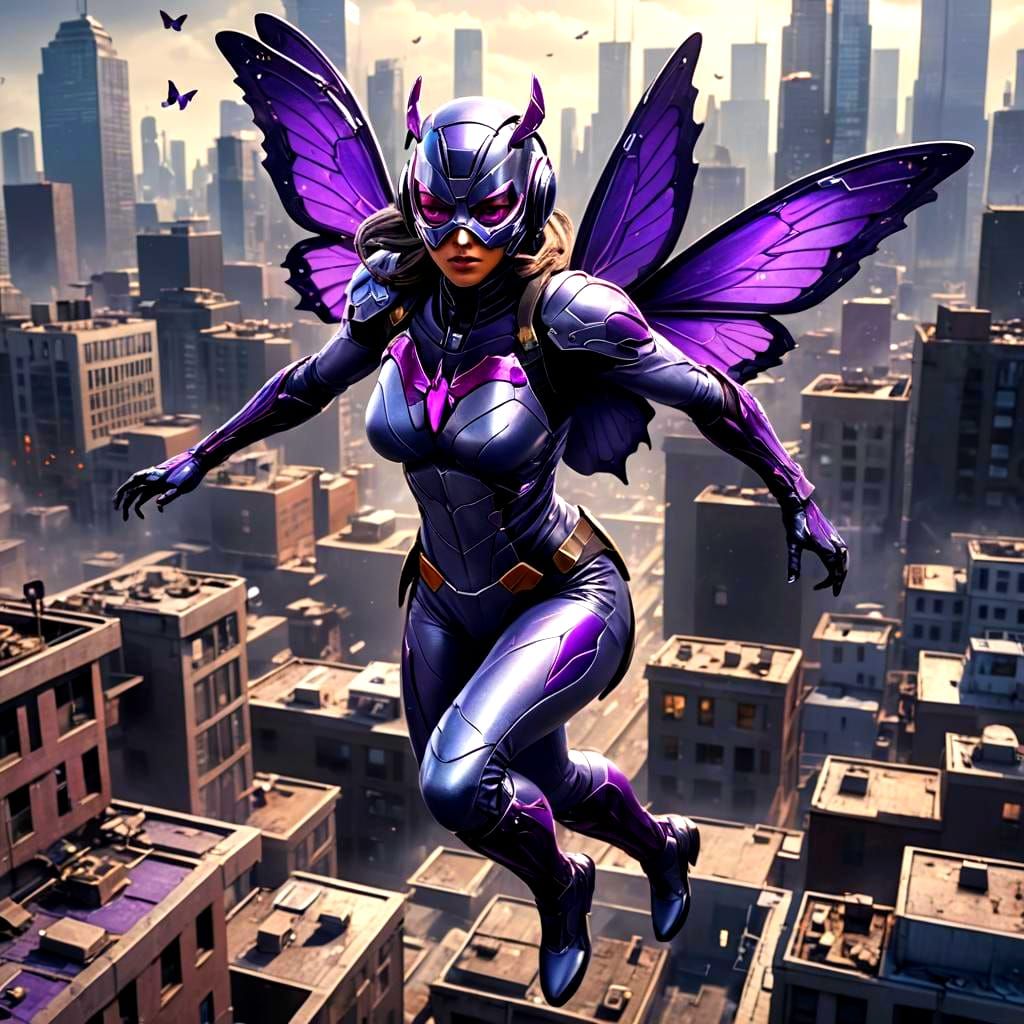 Cybernetic Superheroine Butterfly Jumps from Rooftop