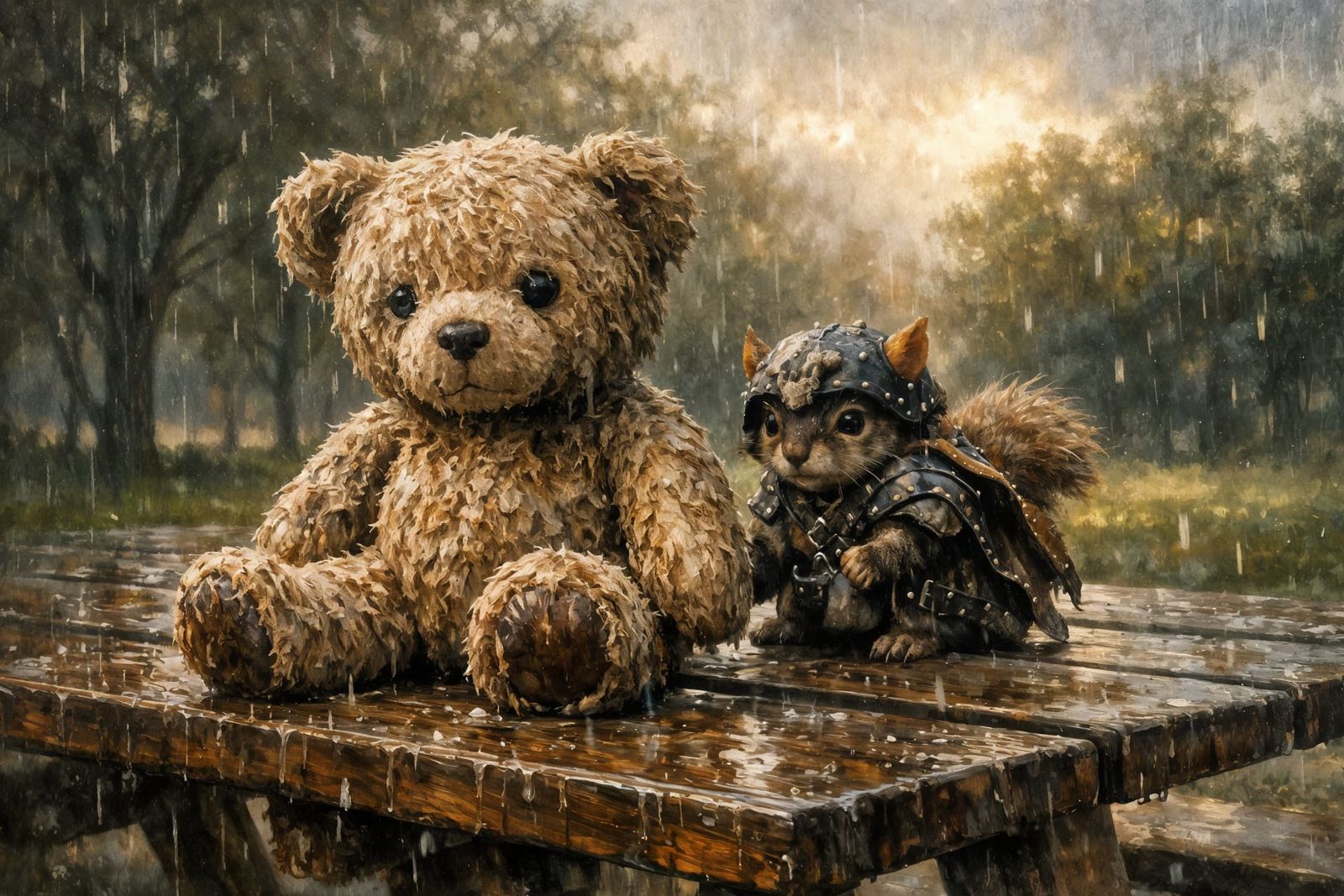 Teddy Bear and Squirrel Thief in Gentle Rain
